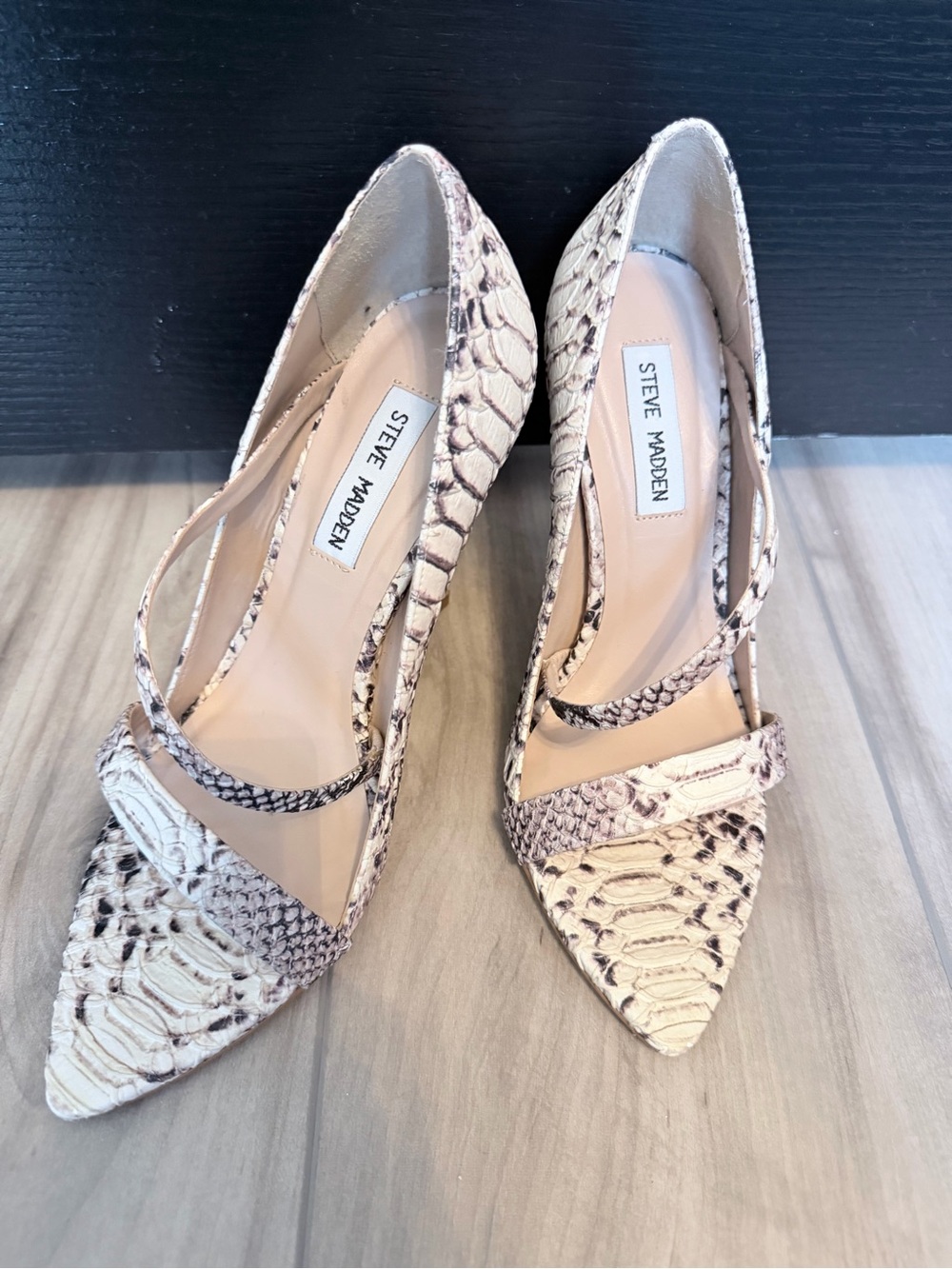 Steve Madden Cream Snake-Print Pointed Toe Heels